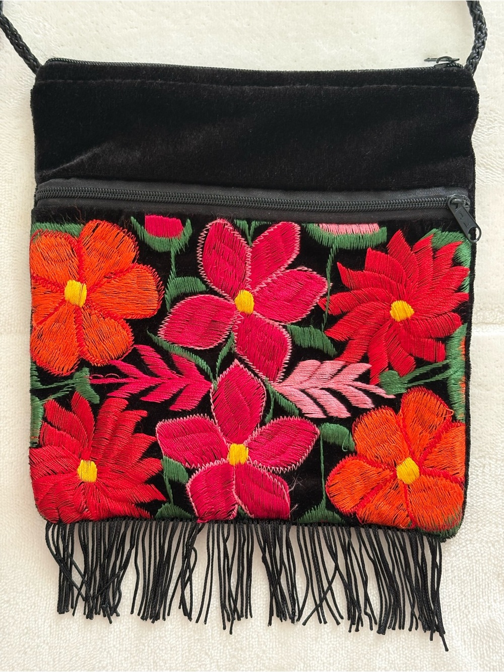 Embroidered Black Velvet Crossbody Bag with Red & Orange Floral Design